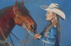grande peinture à l'huile cowgirl/cheval (75x115cm), Antiquités & Art, Art | Peinture | Classique, Enlèvement ou Envoi