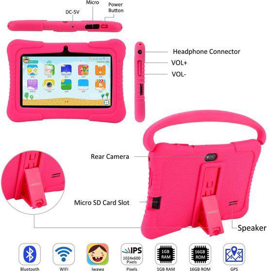 ② Veidoo Andriod Tablet enfants 16GB tablette rose + housse — Android  Tablettes — 2ememain