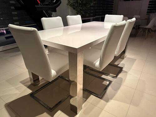 Table de salle à manger blanc laqué + 6 chaises, Huis en Inrichting, Tafels | Eettafels, Gebruikt, Ophalen