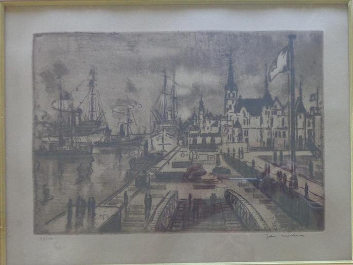 JOHN MICHAUX / HET STEEN ANTWERPEN / ZW-W ETS / 42x51cm KAD, Antiek en Kunst, Kunst | Etsen en Gravures, Ophalen of Verzenden