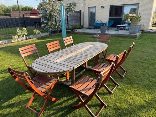Houten tuinset Triconfort – tafel + 8 stoelen, Tuin en Terras, Tuinsets en Loungesets, Gebruikt, Tuinset, Hout, 8 zitplaatsen
