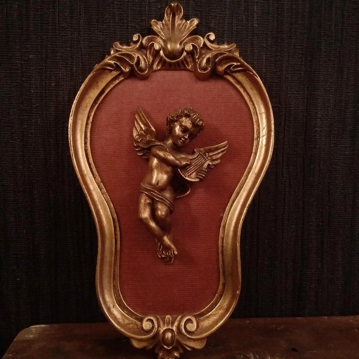 Oud cherubijn engeltje in gipsen kader, Antiek en Kunst, Curiosa en Brocante, Verzenden