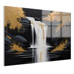 Waterval met zwart en goud Glasschilderij 105x70cm + Ophangs, Huis en Inrichting, Nieuw, Verzenden