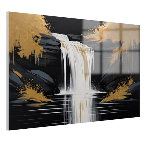 Waterval met zwart en goud Glasschilderij 105x70cm + Ophangs, Huis en Inrichting, Woonaccessoires | Wanddecoraties, Nieuw, Verzenden