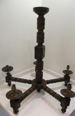 Lustre à 5 branches en bois avec abat-jours rouges 1950s, Ophalen, Gebruikt, Hout