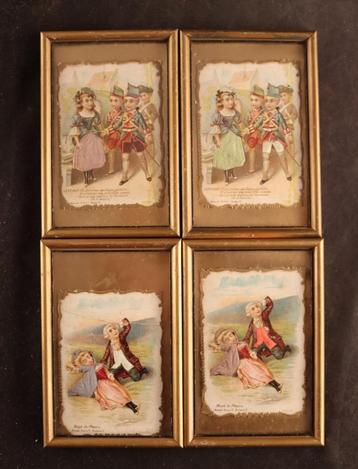 Vier antieke ingelijste prentjes beschikbaar voor biedingen