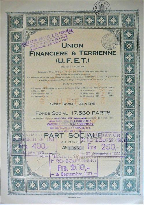 Union Financière et Terrienne - aandeel - antwerpen, Postzegels en Munten, Aandelen en Waardepapieren, Aandeel, Ophalen of Verzenden