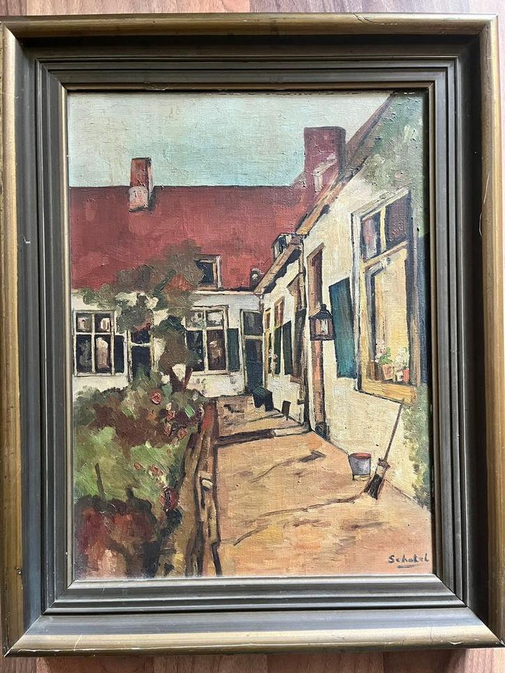 Antieke Schilderij “Hofje” Dordrecht van Schotel, Antiek en Kunst, Kunst | Schilderijen | Klassiek, Ophalen of Verzenden