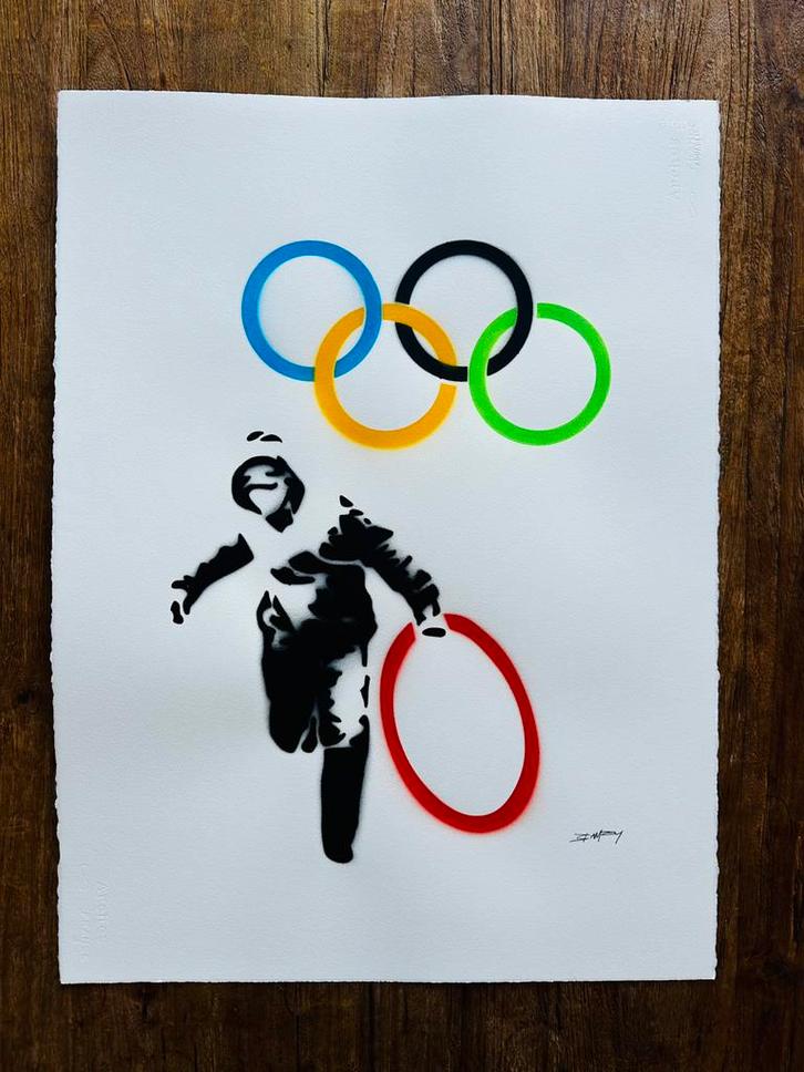 Jeux Olympiques Banksy 76 x 56 cm sur papier Arches, Antiquités & Art, Art | Lithographies & Sérigraphies, Enlèvement ou Envoi