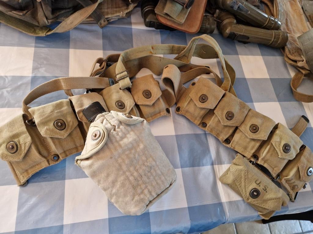 Ww2 US gordel set- munitie gordel tasje draagriemen veldfles, Ophalen of Verzenden