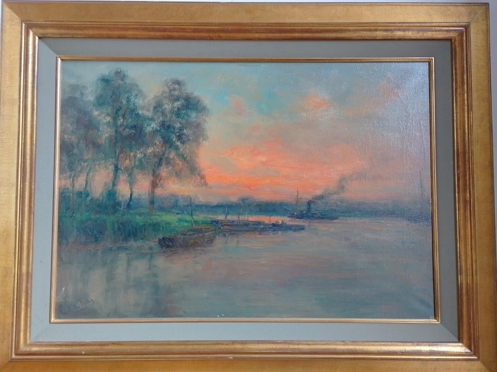 Romain Steppe  1859 - 1927  Riviergezicht bij valavond, Antiek en Kunst, Kunst | Schilderijen | Klassiek, Verzenden