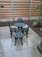 donkergroen gietijzer tuinstel met 3 stoelen en bijzettafel, Ophalen, Overige materialen, Bijzettafel, 3 zitplaatsen
