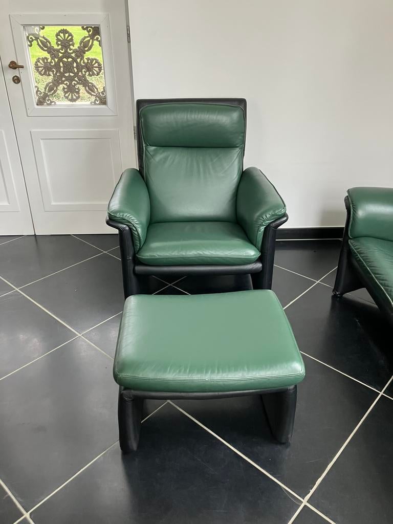 Lederen zetel 2-zit - 1 zit en voetenbankje, 75 à 100 cm, Moins de 150 cm, Vintage, Enlèvement