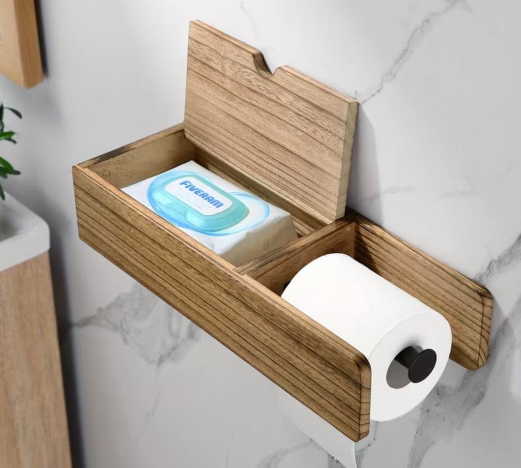 wandhouder voor toiletpapier met acacia-deksel, Hout, Nieuw, Ophalen of Verzenden, Japandi