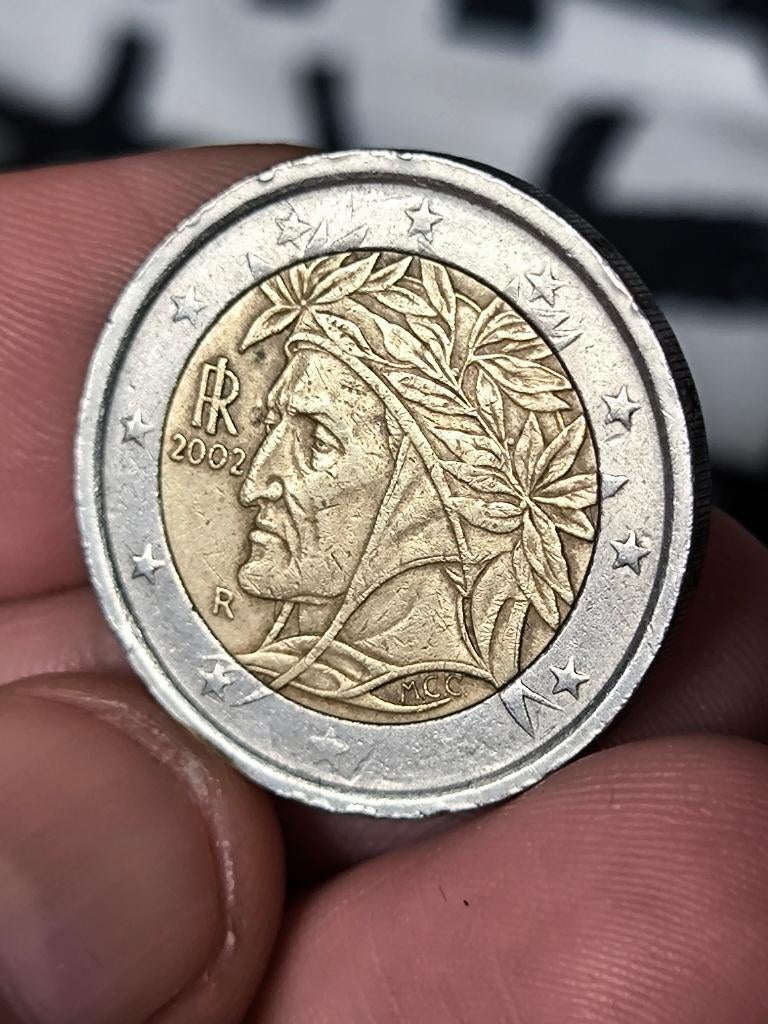 Rare Italie 2 € Dante Alighieri 2002 frappe fautée manquée, Argent, Enlèvement ou Envoi, 2 euros, Italie