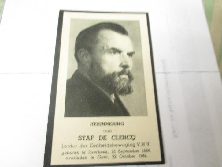 Doodsprentje Staf de Clercq 1942 (VNV), Verzamelen, Bidprentjes en Rouwkaarten, Bidprentje, Ophalen of Verzenden