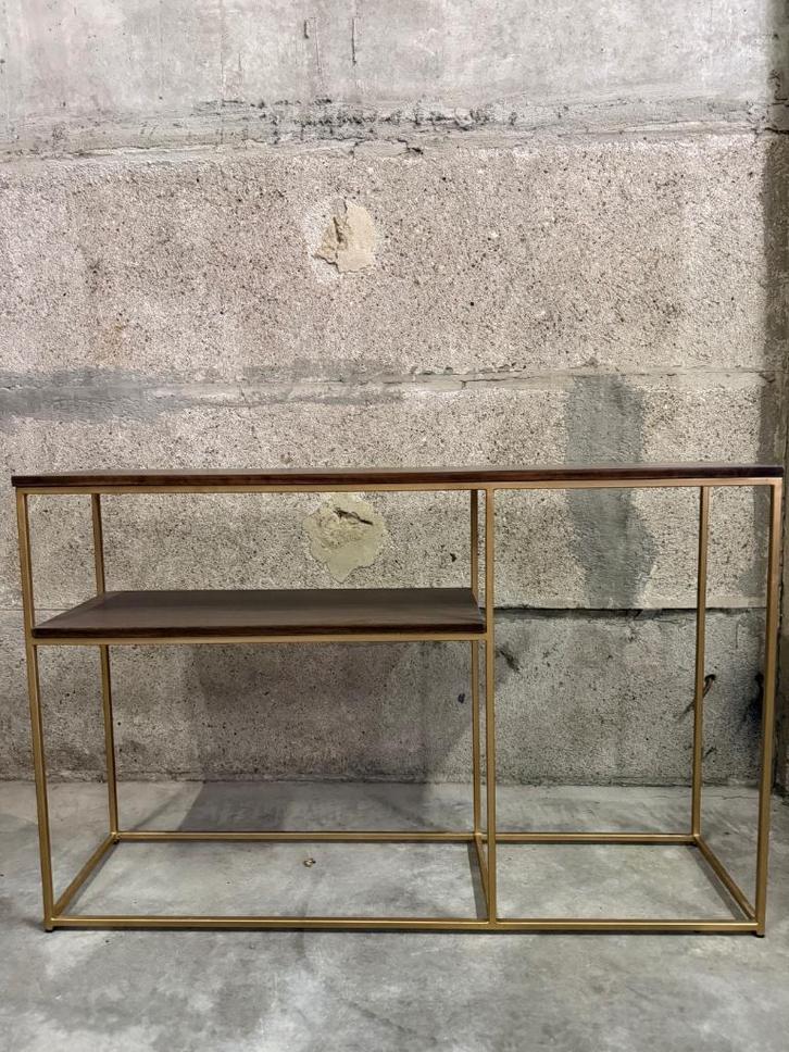 Console dubbel donker bruin, gouden poten, Huis en Inrichting, Tafels | Sidetables, Zo goed als nieuw, 25 tot 50 cm, 50 tot 100 cm