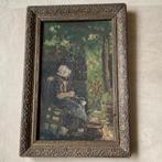 19de eeuws olieverfschilderij op paneel vrouw op stoel, Antiquités & Art, Enlèvement ou Envoi