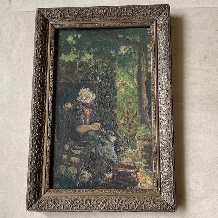 19de eeuws olieverfschilderij op paneel vrouw op stoel, Antiquités & Art, Art | Peinture | Classique, Enlèvement ou Envoi