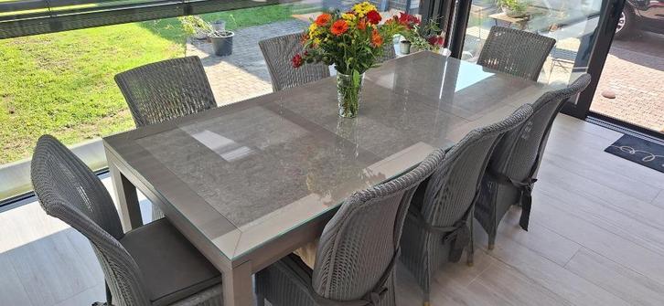 Tafel met glazen blad + gratis rieten stoelen, Huis en Inrichting, Tafels | Eettafels, Gebruikt, 50 tot 100 cm, 200 cm of meer