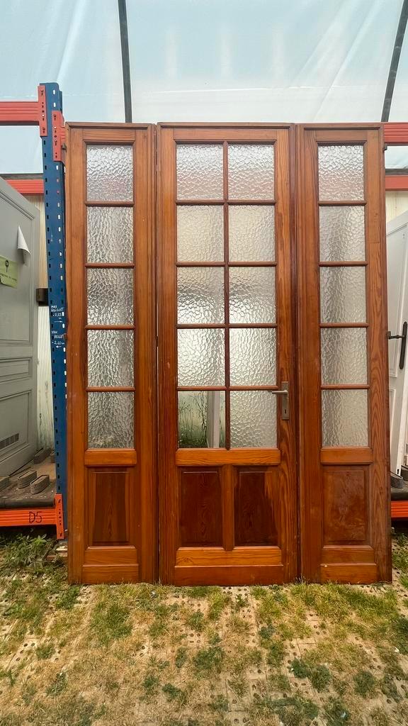 Houten tussendeur met kathedraalglaas, driedelig, Doe-het-zelf en Bouw, Deuren en Vliegenramen, Gebruikt, Binnendeur, 215 cm of meer