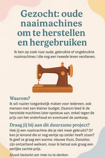 Gezocht: oude naaimachines om te herstellen en hergebruiken beschikbaar voor biedingen