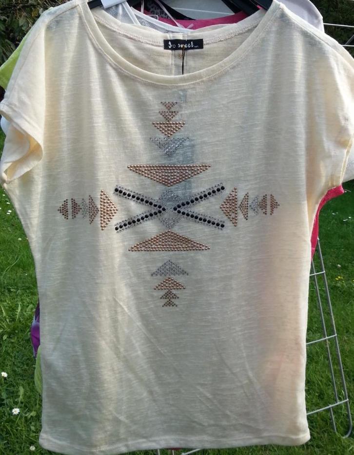 t-shirt beige - rosé etnisch motief strass rug rits + strik, Kleding | Dames, T-shirts, Nieuw, Maat 38/40 (M), Beige, Korte mouw