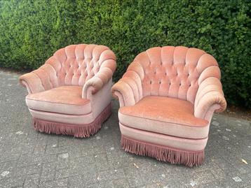 Vintage zetels mohair franjes roze fauteuils  beschikbaar voor biedingen