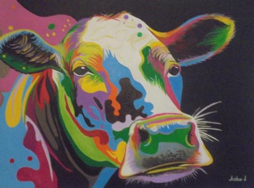 olieschilderij popart koe (60x80 cm), Antiek en Kunst, Kunst | Schilderijen | Modern, Ophalen of Verzenden