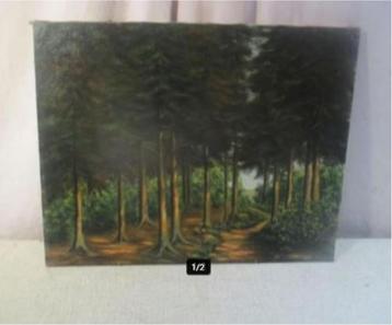 Belle œuvre peinte ancienne « Chemin à travers les bois » - 