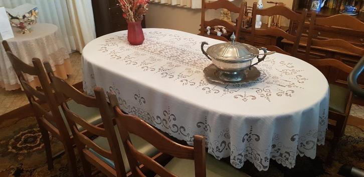 Eiken Tafel met 6 stoelen met lederen zit, Antiek en Kunst, Antiek | Meubels | Stoelen en Sofa's, Ophalen