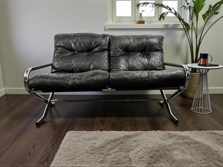 2 places vintage en cuir noir patchwork avec assise chromée, Antiquités & Art, Curiosités & Brocante, Enlèvement