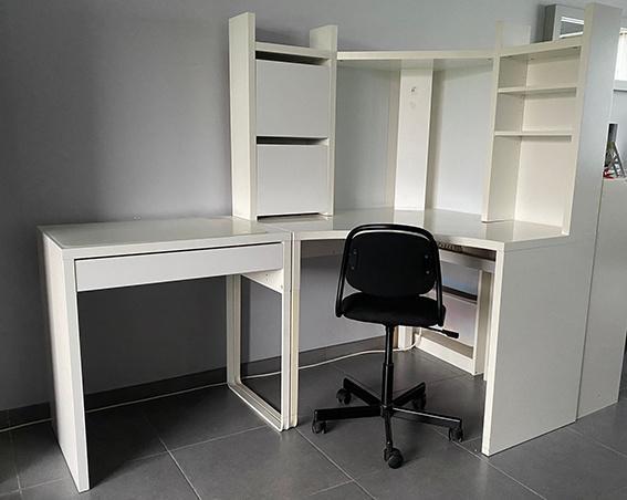 Ikea MICKE hoekbureau wit 100Bx140Hx100D + tafel + stoel, Huis en Inrichting, Bureaus, Gebruikt, Bureau, Ophalen
