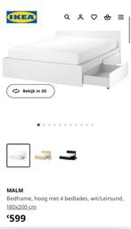 Malm ikea 2 persoons bed 4 opberglades & 2 lattenbodems, Comme neuf, Deux personnes, 180 cm, Bois