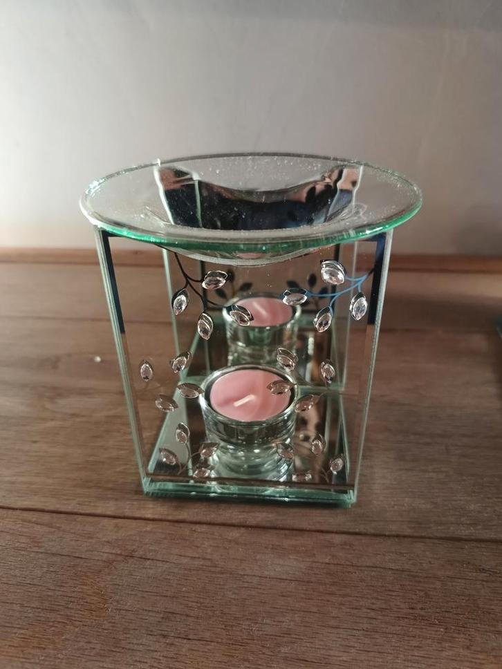 Kaarshouder van glas en spiegel, met parfumbrander, Huis en Inrichting, Woonaccessoires | Kandelaars en Kaarsen, Zo goed als nieuw