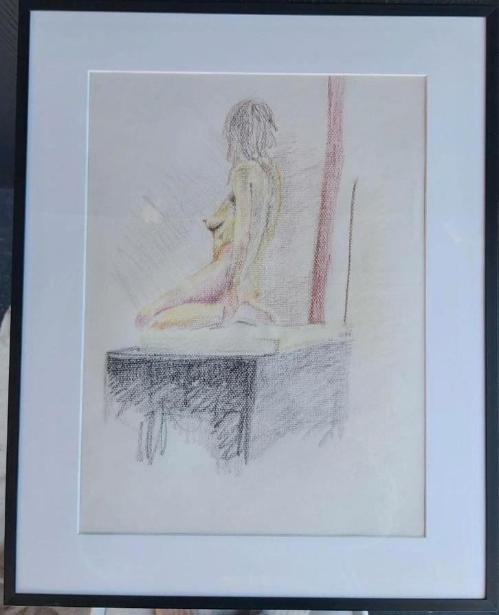 Mooie grote vintage tekening studie naakte vrouw in lijst, Antiek en Kunst, Kunst | Tekeningen en Fotografie, Ophalen of Verzenden