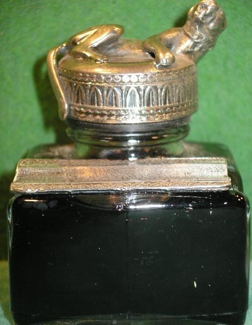 GLAZEN INKTPOT „PELIKAN” DEKSEL „PANTHERE” MET 2 PENNENHOUDE, Diversen, Schrijfwaren, Zo goed als nieuw, Ophalen of Verzenden