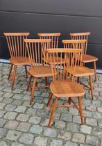 Prachtige set (6) authentieke vintage spijlenstoelen, Ophalen of Verzenden, Gebruikt, Hout, Midcentury
