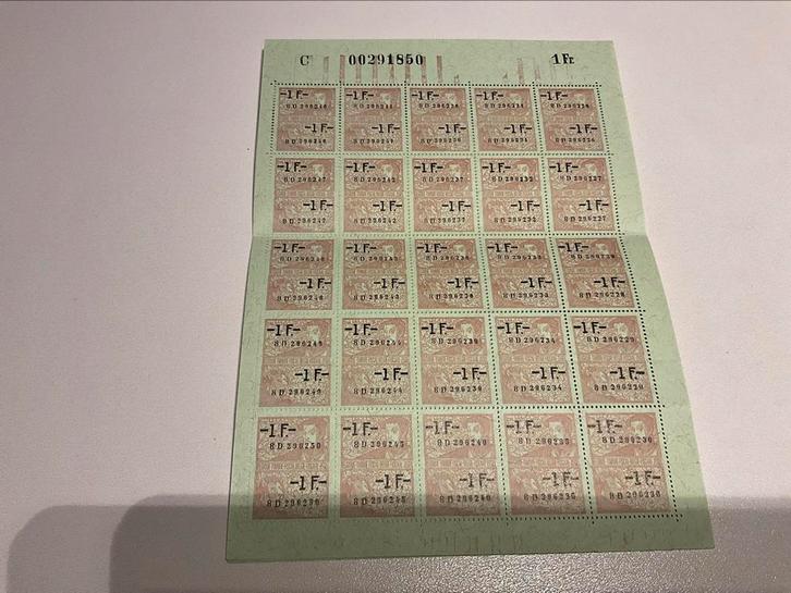 Fiscale zegels - 1 Franc in VOLLEDIG VEL van 25, Postzegels en Munten, Postzegels | Europa | België, Ophalen of Verzenden