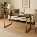 Table de luxe en marbre brun avec pieds dorés, Maison & Meubles, Enlèvement ou Envoi, Utilisé, Bureau