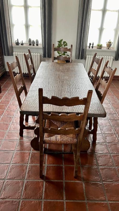 Authentieke eiken eettafel + 6 stoelen - massief Franse eik, Huis en Inrichting, Tafels | Eettafels, Gebruikt, 50 tot 100 cm, 150 tot 200 cm