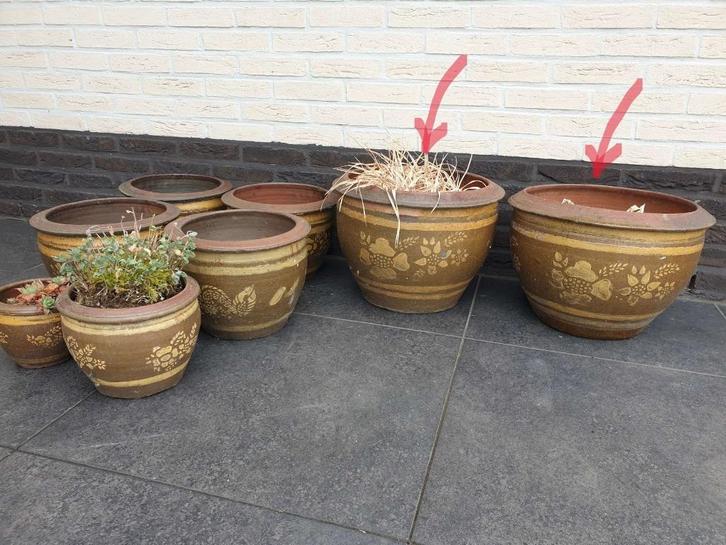 2x Extra Large bruine terracotta pot bloempot met tekening, Tuin en Terras, Bloempotten, Terracotta, Binnen, Tuin, Ophalen of Verzenden