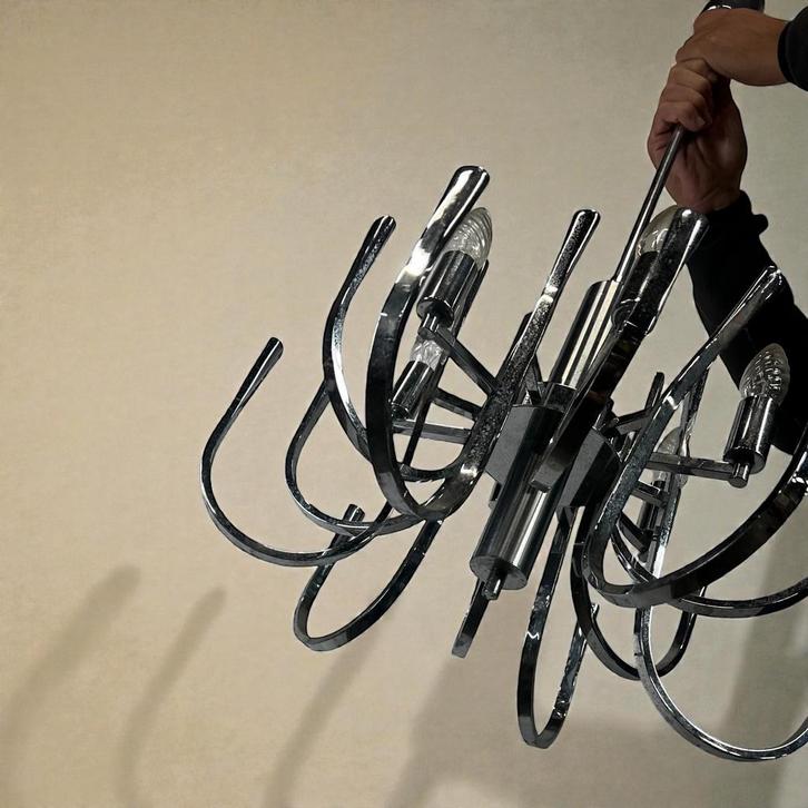 Vintage chromen luster / hanglamp met 6 lichtpunten, Antiek en Kunst, Antiek | Verlichting, Ophalen of Verzenden