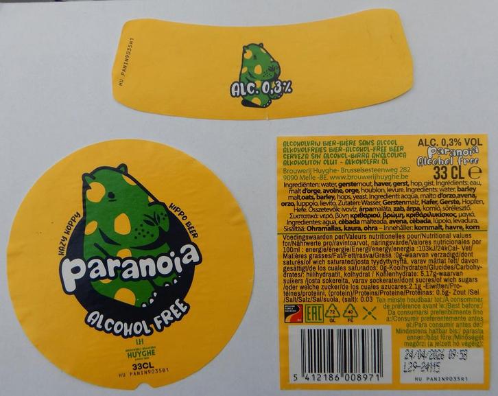 Bieretiket Paranoia Alcohol free Brouwerij L. Huyghe (12f4), Verzamelen, Biermerken, Gebruikt, Ophalen of Verzenden