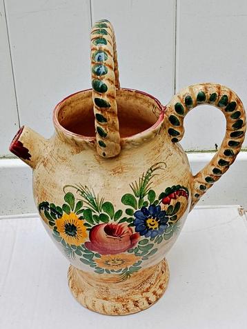 Jarre / vase vintage terre cuite émaillée polychrome, 30 cm