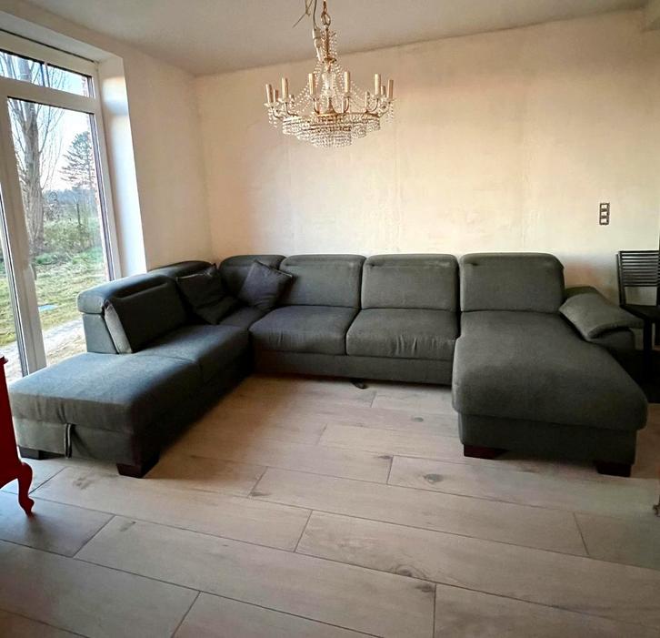 Hoekzetel grijs plus lang opbergvak, Huis en Inrichting, Zetels | Complete zithoeken, Gebruikt, Ophalen