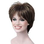 Moderne pruik kort haar in laagjes bruin met highlights, Handtassen en Accessoires, Uiterlijk | Haarverzorging, Verzenden, Nieuw