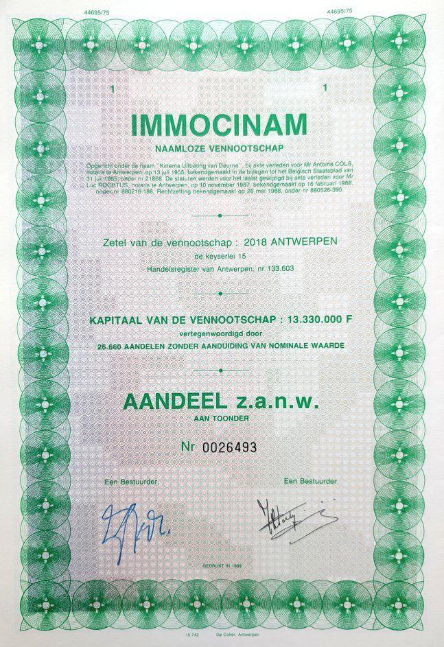 Immocinam (Rex concern Antwerpen) 1989, Postzegels en Munten, Aandelen en Waardepapieren, Aandeel, 1970 tot heden, Ophalen of Verzenden