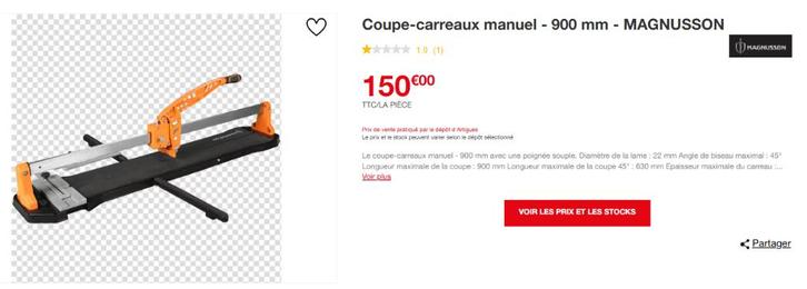 Coupe-carreaux manuel - 900mm MAGNUSSON, Bricolage & Construction, Dalles & Carrelages, Comme neuf, Enlèvement