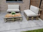 Loungeset met paletten en palletkussens, Tuin en Terras, Tuinsets en Loungesets, Ophalen, 4 zitplaatsen, Gebruikt, Bank